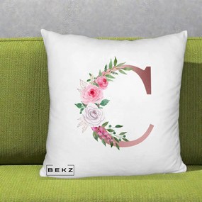 Cadou Personalizat - Perna Personalizata Monograma Rose Gold Litera C, 40x40 cm, Alb Pufos, Husa Detasabila, Perna Inclusa, BEKZ®