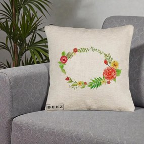 Perna Decorativa Coroana Florala Acuarela, 40x40 cm, Bej Canapea, Husa Detasabila, Perna Inclusa, BEKZ®