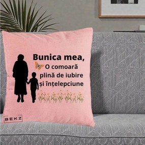 Cadou pentru Bunica - Perna Personalizata Bunica Mea Comoara cu Fluture si Baietel, 40x40 cm, Roz, Husa Detasabila, Perna Inclusa, BEKZ®