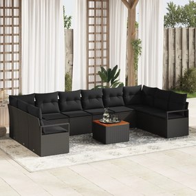 Set de canapea de grădină cu 11 piese cu perne Negru Poliratan Acacia