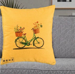 Perna Decorativa Bicicleta Florala Turcoaz Acuarela, 40x40 cm, Galben, Husa Detasabila, Perna Inclusa, BEKZ®