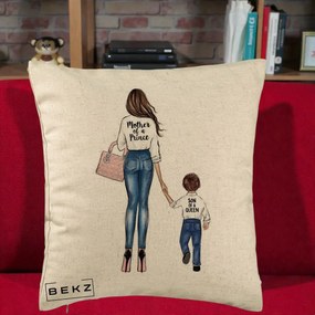 Cadou pentru Mama - Perna Personalizata, Model Mother of a Prince, 40x40 cm, Bej, Husa Detasabila, Perna Inclusa, BEKZ®