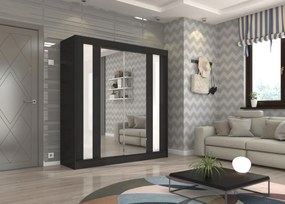 Dulap cu usi glisante si oglinda 200x215 cm, Keita, ADRK Furniture (Culoare: Craft / Negru Lacobel)