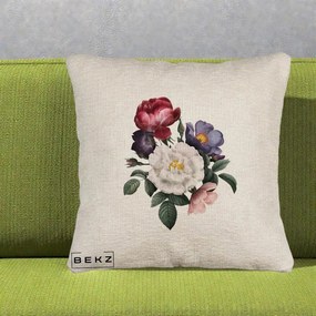 Perna Decorativa Buchet Trandafiri Bujori Botanical, 40x40 cm, Bej Canapea, Husa Detasabila, Perna Inclusa, BEKZ®