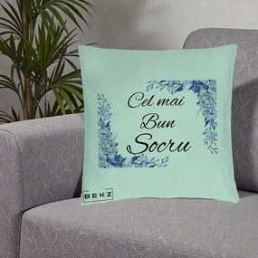 Cadou pentru Socru - Perna Personalizata Cel mai Bun Socru cu Flori Albastre Acuarela, 40x40 cm, Verde Menta, Husa Detasabila, Perna Inclusa, BEKZ®