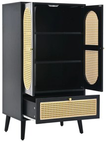Comodă compactă, design din ratan, 2 uși, 1 sertar, 60×40×110,5 cm, Negru