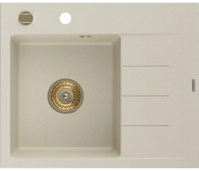 Mexen Ben chiuvetă de granit cu 1 compartiment cu scurgător, stânga 600 x 500 mm, bej, sifon auriu - 6522605000-69-G