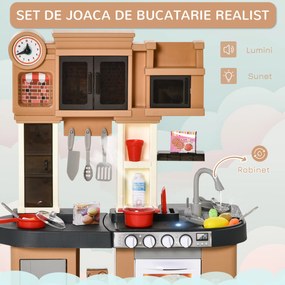 HOMCOM Bucatarie pentru Copii 3-6 Ani cu 58 Accesorii, Aragaz cu Sunete si Chiuveta Functionala, 63x35x84, Gri Maro