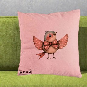 Perna Decorativa Pasare Roz cu Aripi si Fundita, 40x40 cm, Roz, Husa Detasabila, Perna Inclusa, BEKZ®