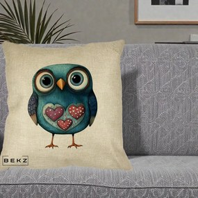Perna Decorativa Bufnita Teal cu Doua Inimi, 40x40 cm, Crem, Husa Detasabila, Perna Inclusa, BEKZ®