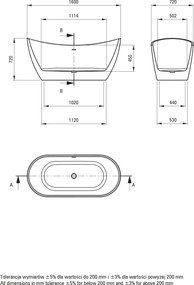 Cada baie freestanding, alba, 160x72 cm, ovala, Deante Arnika 1600x720 mm