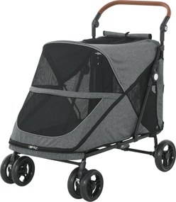 PawHut Cărucior pliabil pentru câini buggy pentru câini mari până la 30 kg cu roți rotative 360° fereastră din plasă pernă mâner reglabil Gri | Aosom Romania