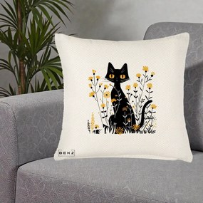 Perna Decorativa Pisica Neagra Ochi Galbeni Flori Galbene, 40x40 cm, Crem Reliefat, Husa Detasabila, Perna Inclusa, BEKZ®