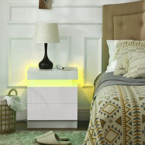 Noptiera alba HOMCOM cu lumina LED RGB, noptiera frontala lucioasa cu 2 sertare, pentru camera de zi, dormitor | Aosom RO