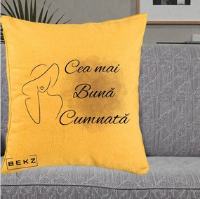 Cadou pentru Cumnata - Perna Personalizata Cea mai Buna Cumnata cu Silueta Dama si Pete Violet, 40x40 cm, Galben, Husa Detasabila, Perna Inclusa, BEKZ®