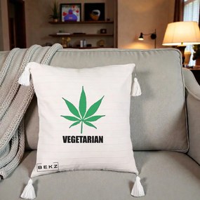 Perna Decorativa Vegetarian cu Frunza, 40x40 cm, Bej cu Franjuri, Husa Detasabila, Perna Inclusa, BEKZ®