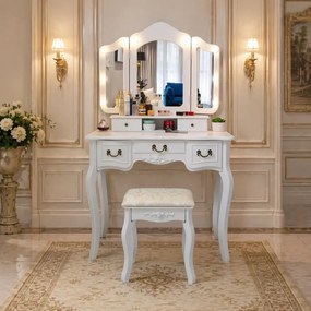Set ELISABETA, Masă de toaletă cu 3 oglinzi, iluminare LED, control touch, 5 sertare, scaun, Alb