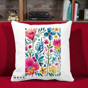 Perna Decorativa Gradina Florala Acuarela Colorata, 40x40 cm, Alba Mata, Husa Detasabila, Perna Inclusa, BEKZ®