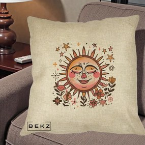 Perna Decorativa Soare Retro Boho Floral, 40x40 cm, Crem, Husa Detasabila, Perna Inclusa, BEKZ®