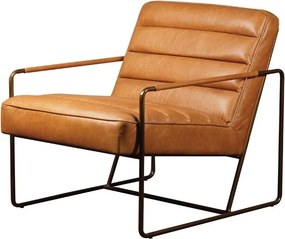 Fotoliu lounge din piele naturală top grain cognac cu structură metalică, „Makine”