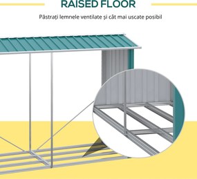 Outsunny Magazie de Depozitare a Buștenilor, Casă pentru Lemne de Foc din Otel Galvanizat cu Podea Înălțată, 240x86x160 cm, Verde | Aosom Romania
