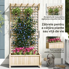 Outsunny Jardinieră Înălțată cu Găuri de Drenaj, Ghiveci din Lemn cu Spalier pentru Plante Cățărătoare, Legume, Flori, Culoare Naturală | Aosom Romania
