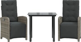 vidaXL Set bistro de grădină cu perne, 3 piese, gri, poliratan