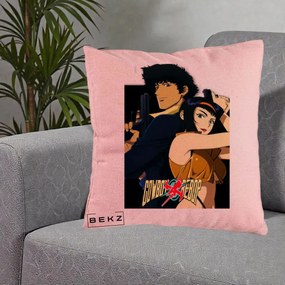 Perna Personalizata Cowboy Bebop Spike si Faye Poster, 40x40 cm, Roz, Husa Detasabila, Perna Inclusa, BEKZ®
