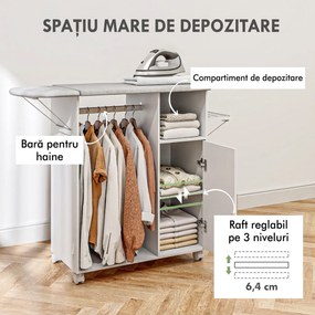 HOMCOM Dulap Multifuncțional cu Masă de Călcat | Blat din Tesatura Efect In | 3 Rafturi | Ghidaj pentru Agățat | 127x42.5x99 cm | Alb | Aosom Romania