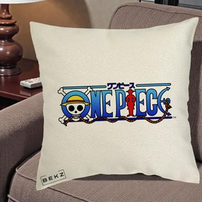 Perna Personalizata One Piece Clasic Albastru, 40x40 cm, Ecru, Husa Detasabila, Perna Inclusa, BEKZ®