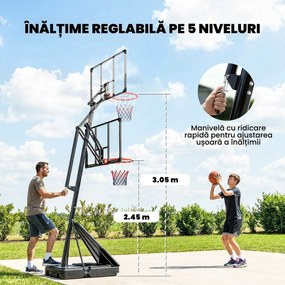 SPORTNOW Coș de Baschet Portabil pentru Exterior, Reglabil 2,45-3,05 m, Panou Rezistent la Șocuri, Reglare cu Manivelă | Aosom Romania