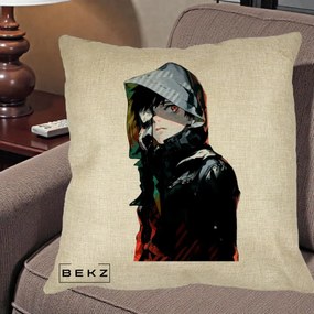 Perna Personalizata Tokyo Ghoul Ken Kaneki cu Masca si Gluga, 40x40 cm, Crem, Husa Detasabila, Perna Inclusa, BEKZ®