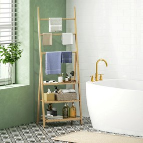 HOMCOM Raft Baie Pliabil pentru Prosoape cu 3 Rafturi și 3 Bare, 53,5x30x153 cm, Lemn Natural | Aosom Romania