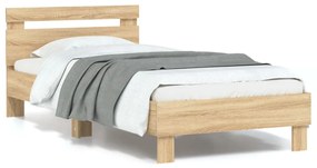 vidaXL Cadru de pat cu tăblie și lumini LED, stejar sonoma, 90x190 cm