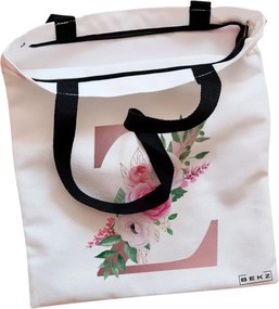 Sacosa de Panza pentru Cumparaturi, Geanta Tote, Cu litera Z Rose Gold si Trandafiri, Cu fermoar, 38x34.5 cm, Alba, BEKZ®