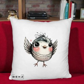 Perna Decorativa Pasare Gri cu Aripi si Inimioare, 40x40 cm, Alb Pufos, Husa Detasabila, Perna Inclusa, BEKZ®