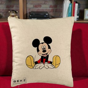 Perna Personalizata Mickey Mouse Relaxat, 40x40 cm, Bej, Husa Detasabila, Perna Inclusa, BEKZ®