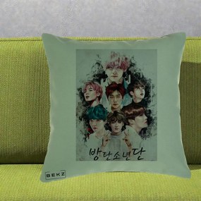 Perna Personalizata K-pop BTS Bangtan Boys Poster Artistic Negru Alb, 40x40 cm, Verde, Husa Detasabila, Perna Inclusa, BEKZ®