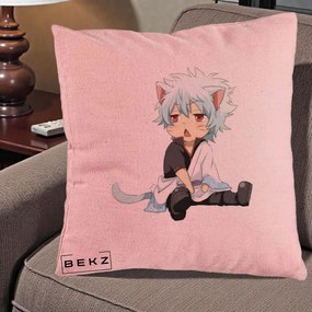 Perna Personalizata Gintama Gintoki Chibi Pisica, 40x40 cm, Roz, Husa Detasabila, Perna Inclusa, BEKZ®