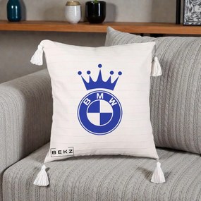 Perna Personalizata cu emblema BMW si Coroana, 40x40 cm, Bej cu Franjuri, Husa Detasabila, Perna Inclusa, BEKZ®