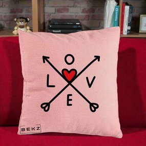 Perna Decorativa Love cu Sageti Incrucisate si Inima Rosie, 40x40 cm, Roz, Husa Detasabila, Perna Inclusa, BEKZ®