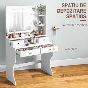 HOMCOM Masă de Toaletă cu Oglindă Iluminată LED, Masă de Machiaj cu Stație de Încărcare, 4 sertare și rafturi de depozitare, 90x45x160 cm, Alb
