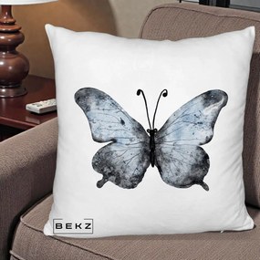 Perna Decorativa Fluture Acuarela Albastru-Gri, 40x40 cm, Alb Pufos, Husa Detasabila, Perna Inclusa, BEKZ®