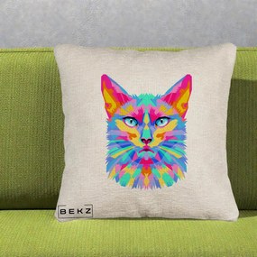 Perna Decorativa Pisica Pop Art Multicolor, 40x40 cm, Bej Canapea, Husa Detasabila, Perna Inclusa, BEKZ®