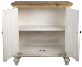 Comodă shabby chic din lemn, alb antichizat, cu detalii sculptate manual, „Fleur de Lys”