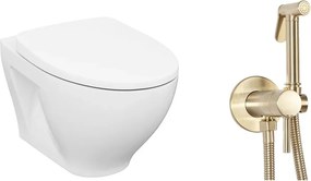 Pachet vas wc suspendat Cersanit Moduo, capac soft-close si set dus igiena intima auriu cu baterie incastrata Rea Loop
