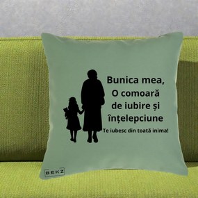 Cadou pentru Bunica - Perna Personalizata Bunica Mea Comoara Iubire Intelepciune Silueta, 40x40 cm, Verde, Husa Detasabila, Perna Inclusa, BEKZ®