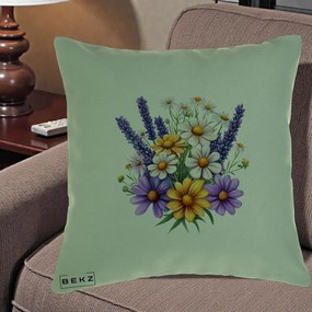 Perna Decorativa Lavanda Musetel si Flori Mov, 40x40 cm, Verde, Husa Detasabila, Perna Inclusa, BEKZ®