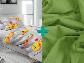 2x lenjerie din microfibra gri EMOJI + cearsaf jersey 180x200 cm verde deschis