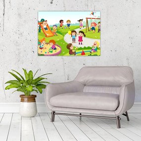 Tablou pe sticlă cu bucuriile copiilor în nisip (70x50 cm)